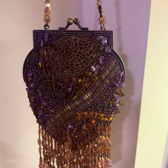 Vintage Beaded Evening Bag w/ Fringe – Purple & Bronze Statement Purse - Picture 3 of 7